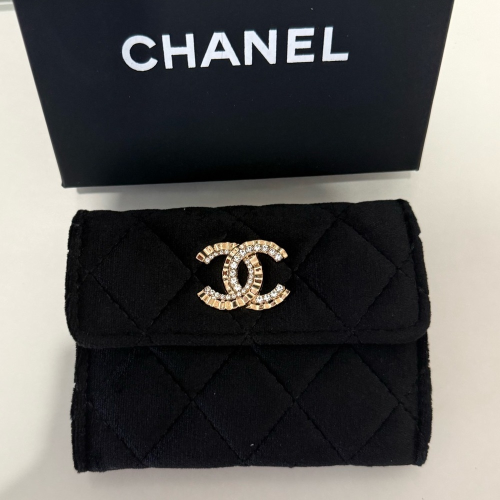 CHANEL Black Quilted Wallet with Gold Crystal CC